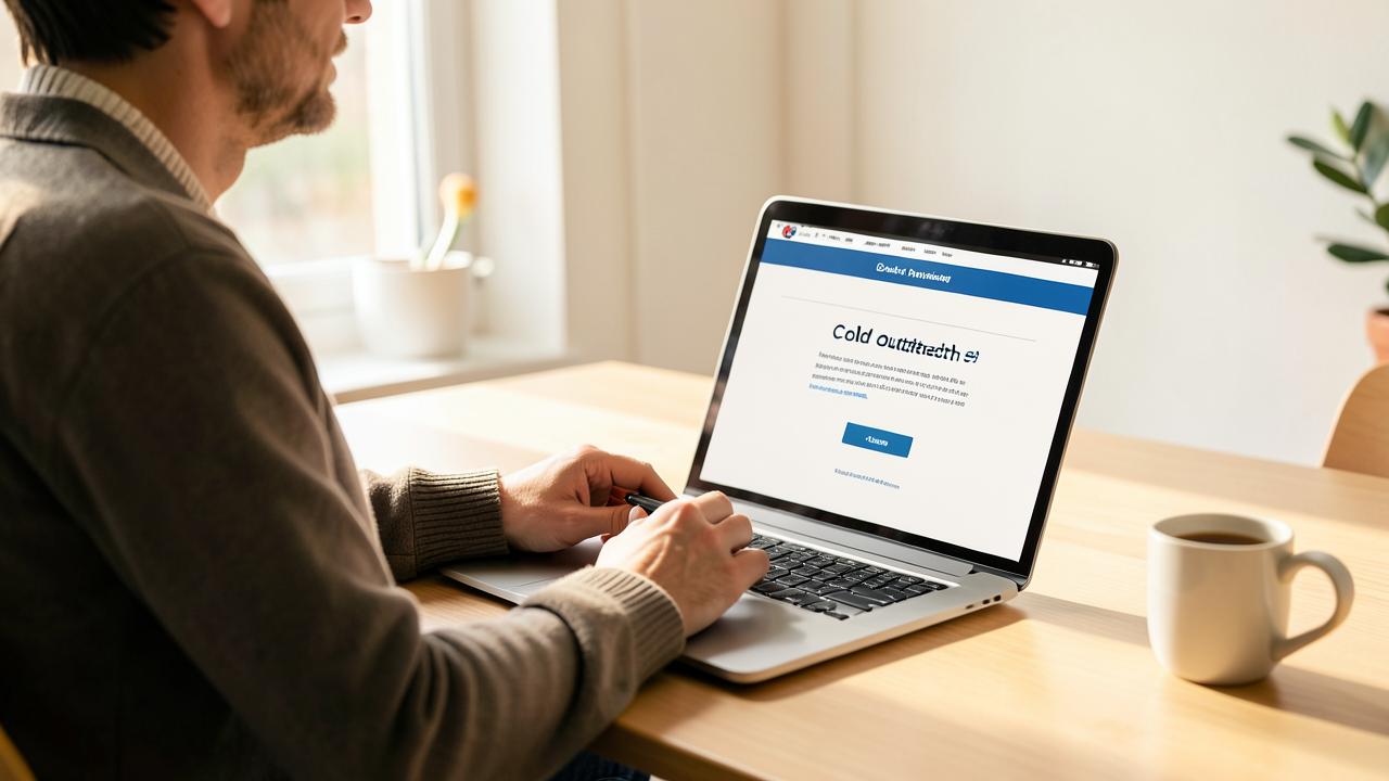 Person skriver ett säljmejl på en laptop vid ett ljust skrivbord