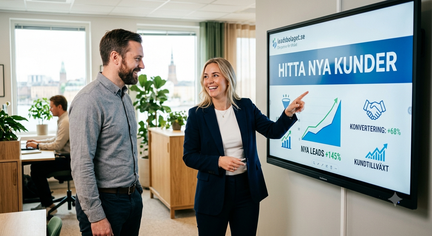 Två personer, en man och en kvinna, står och tittar på en tv skärm där det står "Hitta nya kunder".