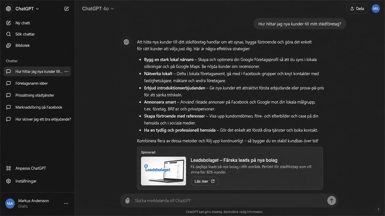 Skärmbild av en ChatGPT-konversation med en sponsrad annons från Leadsbolaget i slutet av svaret